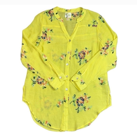 Fig and Flower Yellow Button Down Shirt with Mandarin Collar - Picture 1 of 4